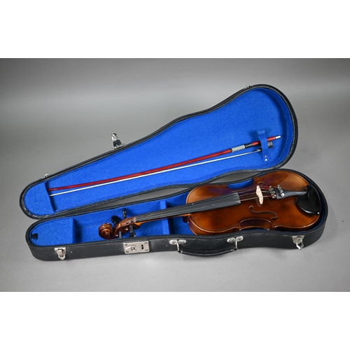 1228 - A modern child's violin with 33 cm back, in case with P & H bow, to/w a child's vintage violin w... 