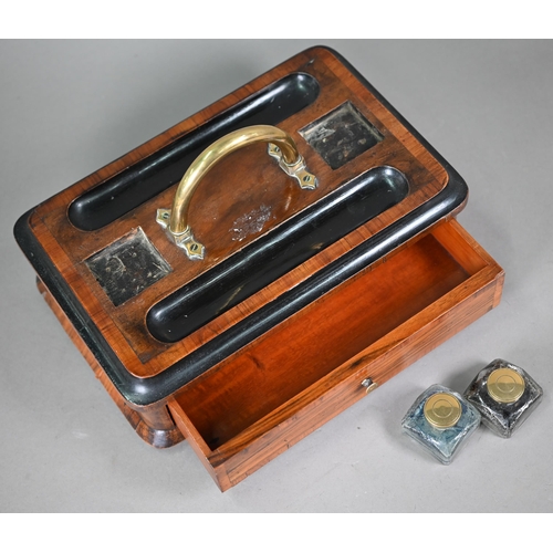 1232 - A Victorian inkstand with brass handle and drawer to/w three silver-handled button-hooks, a silver-m... 