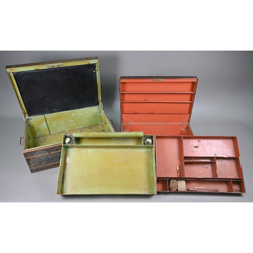 1233 - Two antique japanned steel despatch boxes with fitted interiors, 48/45 cm wide (2)