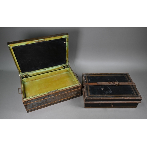 1233 - Two antique japanned steel despatch boxes with fitted interiors, 48/45 cm wide (2)