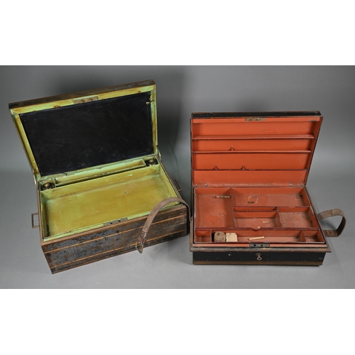 1233 - Two antique japanned steel despatch boxes with fitted interiors, 48/45 cm wide (2)