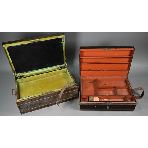 1233 - Two antique japanned steel despatch boxes with fitted interiors, 48/45 cm wide (2)