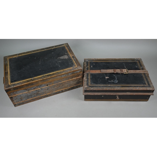 1233 - Two antique japanned steel despatch boxes with fitted interiors, 48/45 cm wide (2)