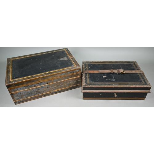 1233 - Two antique japanned steel despatch boxes with fitted interiors, 48/45 cm wide (2)