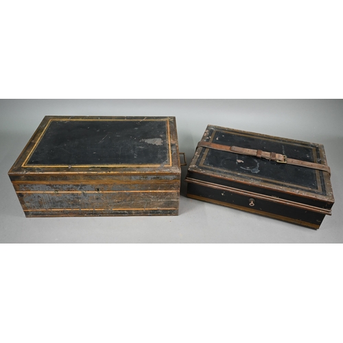 1233 - Two antique japanned steel despatch boxes with fitted interiors, 48/45 cm wide (2)