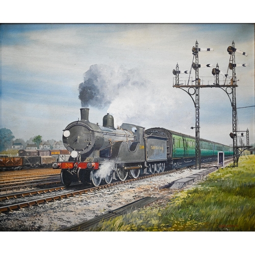 722 - E G Burrows (b 1928) - A pair of studies of Southern and Great Central locomotives, oil on canvas, s... 