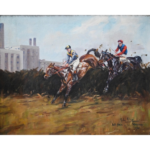 723 - John King (1919-2014) - 'Last Fence, Grand National', oil on canvas, signed and dated 1965, 39.5 x 4... 