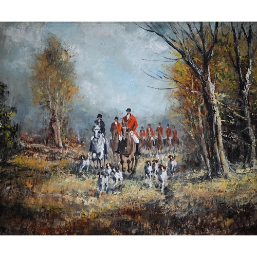 726 - Gerard? - Fox hunting with hounds in a forest clearing, oil on canvas, indistinctly signed, 49 x 59 ... 