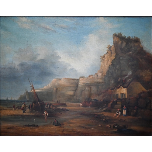 753 - English school - A coastal view with craggy cliff and fisherfolk, oil on canvas, 58 x 73 cm