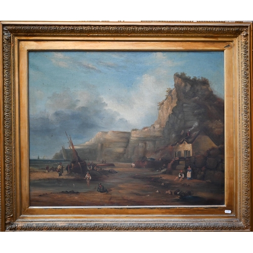 753 - English school - A coastal view with craggy cliff and fisherfolk, oil on canvas, 58 x 73 cm