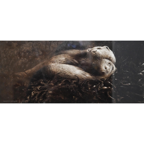 758 - Terence Lambert (b 1951) - Otters, mixed media, signed, 14 x 32 cm