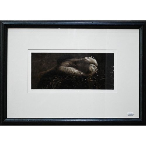 758 - Terence Lambert (b 1951) - Otters, mixed media, signed, 14 x 32 cm