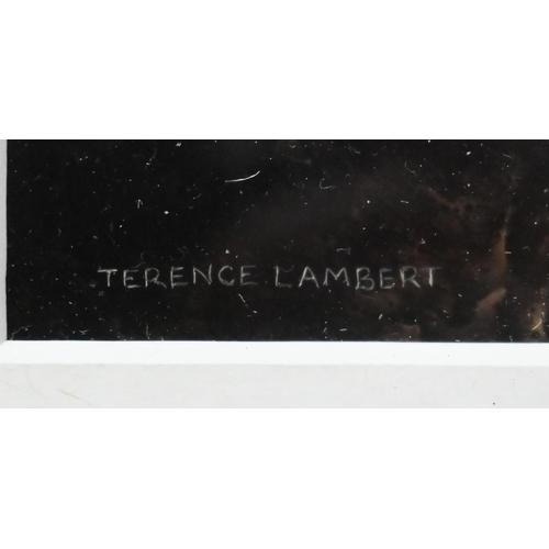 758 - Terence Lambert (b 1951) - Otters, mixed media, signed, 14 x 32 cm