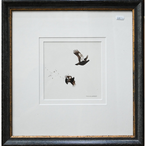 761 - Terence Lambert (b 1951) - Flying grouse, acrylic, signed, 16.5 x 16.5 cm