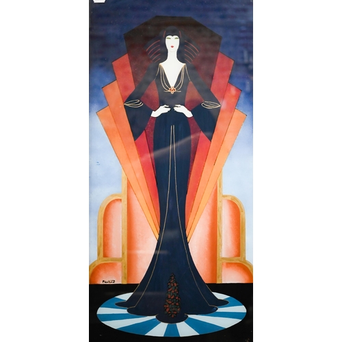 773 - Fischer - Three Art Deco style figures in the manner of Erte, reverse painted on glass, 74 x 35cm (2... 