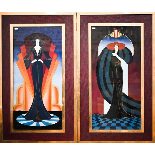 773 - Fischer - Three Art Deco style figures in the manner of Erte, reverse painted on glass, 74 x 35cm (2... 