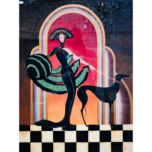 773 - Fischer - Three Art Deco style figures in the manner of Erte, reverse painted on glass, 74 x 35cm (2... 