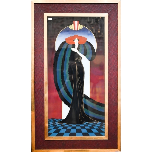 773 - Fischer - Three Art Deco style figures in the manner of Erte, reverse painted on glass, 74 x 35cm (2... 