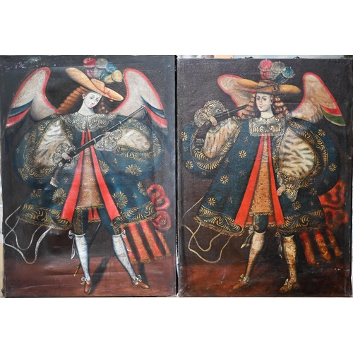 775 - Cuzco school - A pair of early 20th century studies of archangels, oil on canvas, 69 x 50 cm (unfram... 