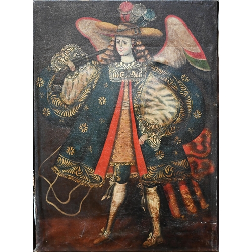 775 - Cuzco school - A pair of early 20th century studies of archangels, oil on canvas, 69 x 50 cm (unfram... 