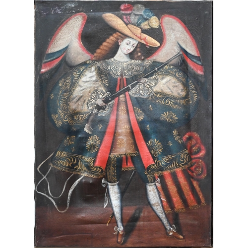 775 - Cuzco school - A pair of early 20th century studies of archangels, oil on canvas, 69 x 50 cm (unfram... 