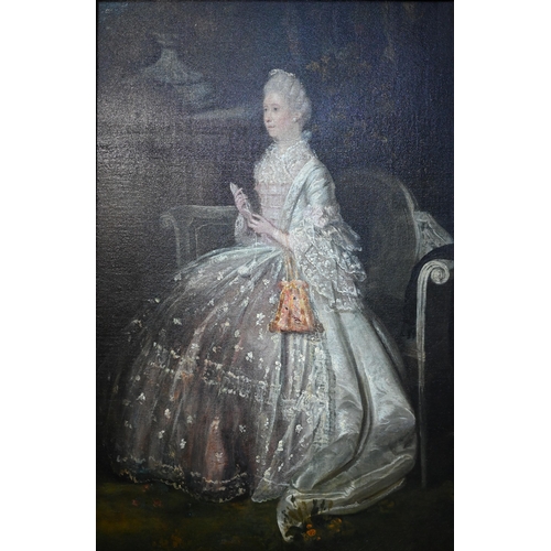 776 - 19th century English school - Portrait study of a seated lady in a parlour, oil on canvas, 59 x 38 c... 