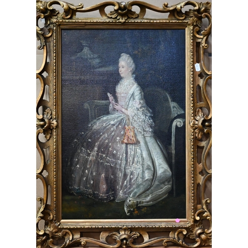 776 - 19th century English school - Portrait study of a seated lady in a parlour, oil on canvas, 59 x 38 c... 