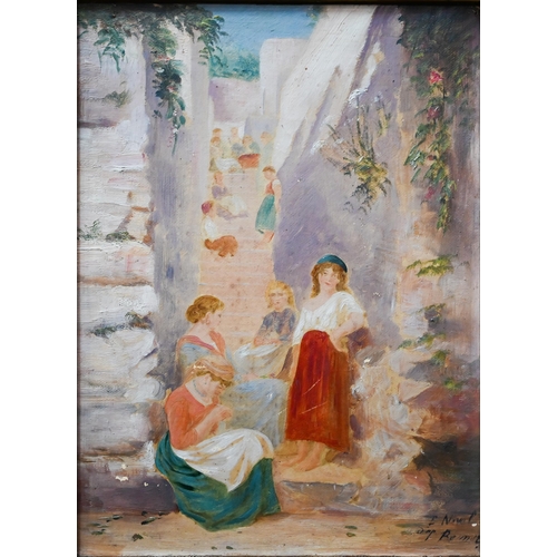 778 - Maltese school - Women standing on steps, oil on canvas, indistinctly signed, 27 x 19 cm