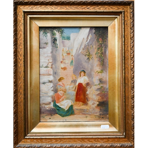 778 - Maltese school - Women standing on steps, oil on canvas, indistinctly signed, 27 x 19 cm