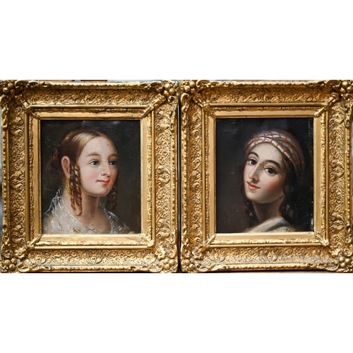 779 - Two 19th century portrait studies of young ladies, one with ringlets, the other with striped headdre... 