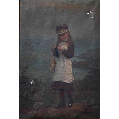 782 - Victorian school - Young girl knitting on a headland, oil on canvas, 66 x 44 cm a/f