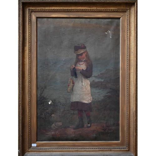 782 - Victorian school - Young girl knitting on a headland, oil on canvas, 66 x 44 cm a/f