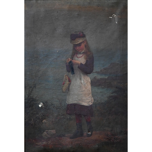 782 - Victorian school - Young girl knitting on a headland, oil on canvas, 66 x 44 cm a/f