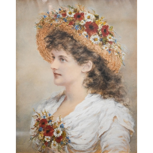 787 - Alice Renshaw (c 1880) - Portrait of a young woman with meadow flowers, watercolour, signed, 54 x 42... 