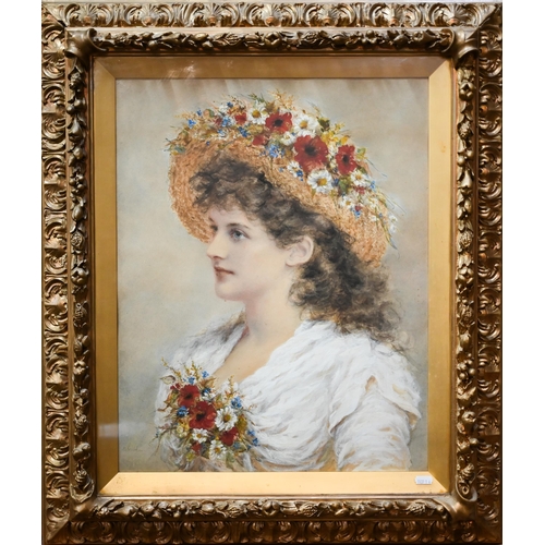 787 - Alice Renshaw (c 1880) - Portrait of a young woman with meadow flowers, watercolour, signed, 54 x 42... 