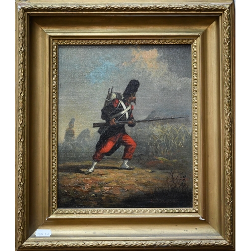 794 - Emile O.... - French military study with soldier holding bayonet, oil on board, indistinctly signed ... 