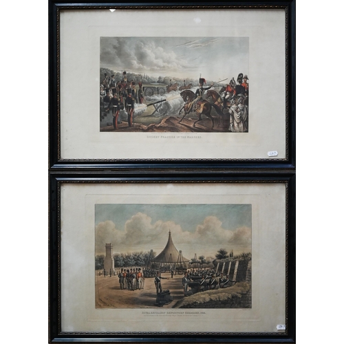 795 - Two Royal Artillery military engravings - 'Rocket Practice in the Marshes', pub Grant 1845, 29 x 41 ... 