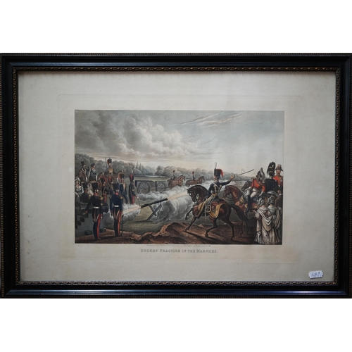 795 - Two Royal Artillery military engravings - 'Rocket Practice in the Marshes', pub Grant 1845, 29 x 41 ... 