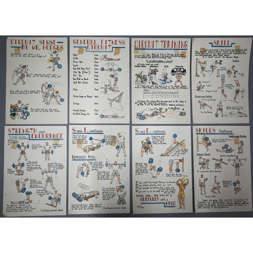 796 - Winchester College interest - Two hand-drawn and coloured exercise instructions for oarsmen and athl... 