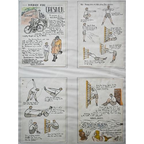 796 - Winchester College interest - Two hand-drawn and coloured exercise instructions for oarsmen and athl... 