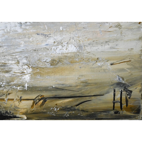 799 - Hettie Pittman - An extensive abstract landscape, oil on canvas, signed with initials, 122 x 152 cm