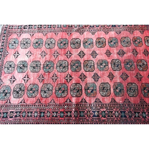 807 - An old North East Persian Turkoman rug, the red ground with three rows of stylised guls, 252 cm x 16... 