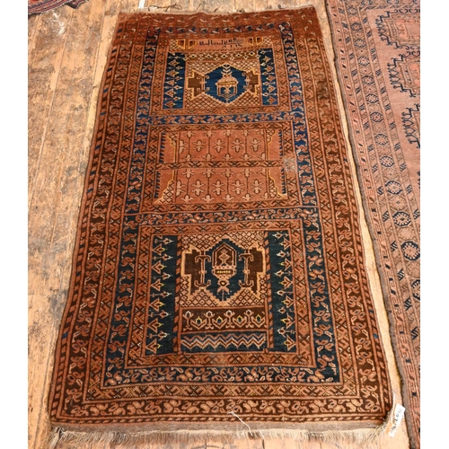 836 - An old Afghan brown-red ground gul design rug, 207 cm x 117 cm to/with an old Belouch rug, brown-red... 