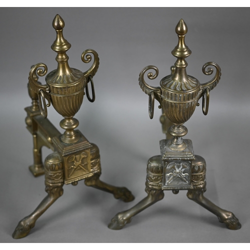 844 - A pair of cast brass Neo-Classical style urn finial chevets / fire dogs raised on front hoof feet, 4... 