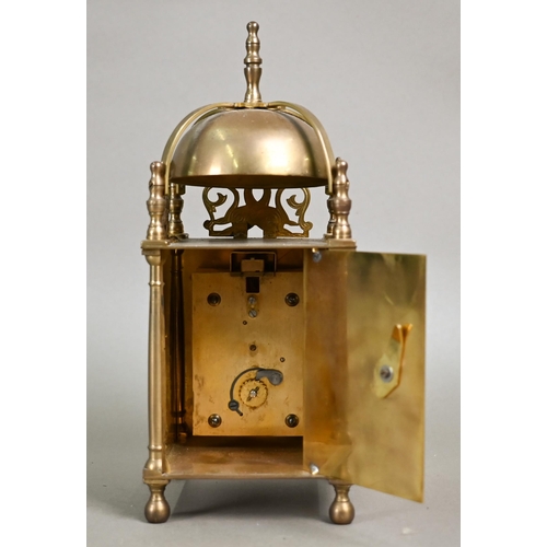 846 - A small traditional brass Smiths lantern style clock, with Roman Numeral engraved silvered dial, the... 