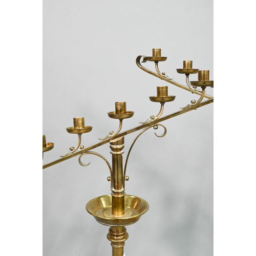 849 - A large pair of antique brass candelabra, the single socket with detachable nine arm sockets, on tur... 