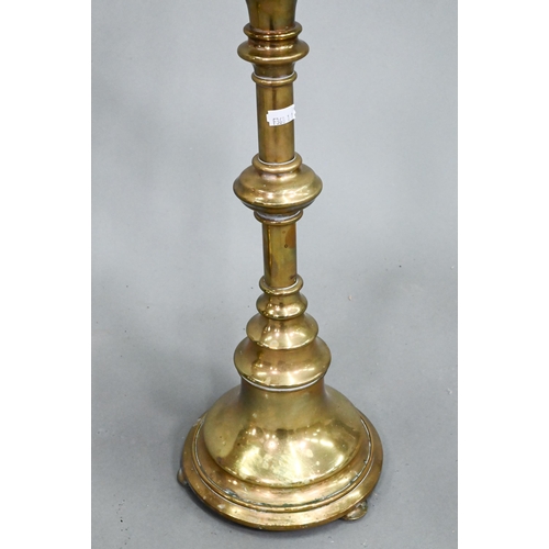 849 - A large pair of antique brass candelabra, the single socket with detachable nine arm sockets, on tur... 