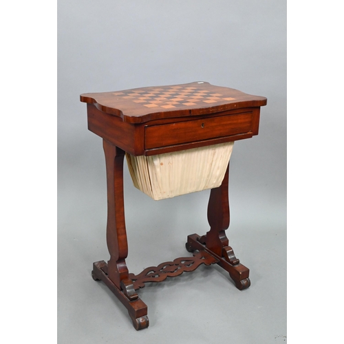 853 - A Victorian satinwood work table, the chequerboard top over a frieze drawer and pleated silt storage... 