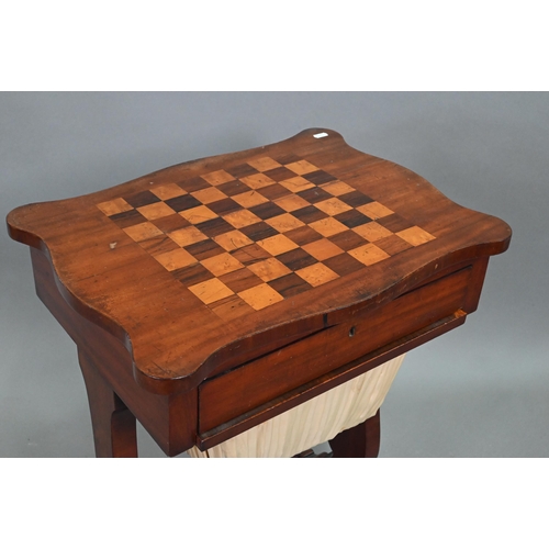 853 - A Victorian satinwood work table, the chequerboard top over a frieze drawer and pleated silt storage... 