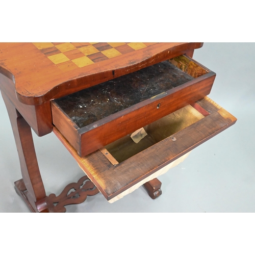 853 - A Victorian satinwood work table, the chequerboard top over a frieze drawer and pleated silt storage... 